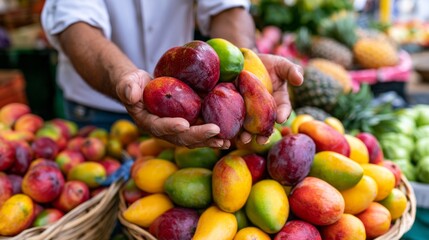 Market seller presenting a generous handful of colorful, sweet tropical mangoes, highlighting fresh produce and healthy choices available at local farmers' markets