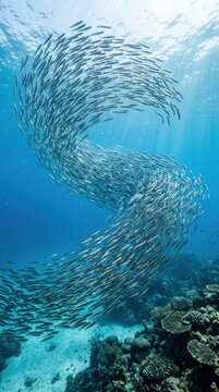School of fish swimming in deep blue ocean water. Large group of silver baitfish forming spiral shape over coral reef. Marine life nature scene for World Oceans Day environment conservation.