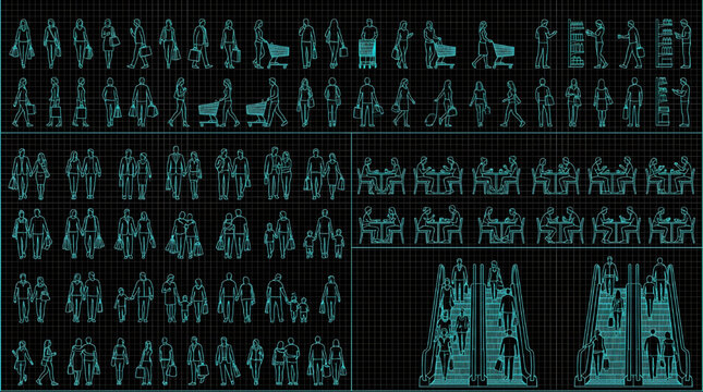 Retail Shopping People Silhouette CAD Collection with Busy Shoppers Couples Cafe Diners Escalator and Lift Figures for Architectural Renderings