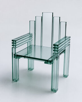 A futuristic and luxurious minimalist armchair creatively designed from layered thick transparent green glass sheets, featuring geometric step patterns on the backrest and crisp elegant lines, conce