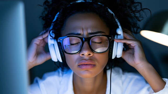 The face of a young woman listening to music with her eyes closed while wearing headphones in front of a computer screen at night.