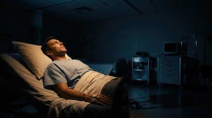 Fototapeta premium Serious Patient Contemplating His Future Lying In The Hospital Bed Looking Upward
