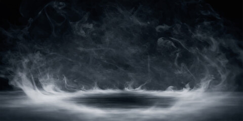Smoke in dark sky with abstract clouds, fog and ocean like texture on black background © Mustarin