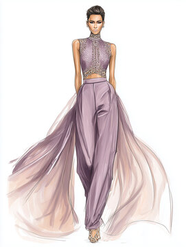 Modeillustration eines modernen Hosenanzugs mit flie&szlig;enden Stoffen. Fashion Sketch f&uuml;r Modedesign, Laufstegkollektion und kreative Bekleidungsentw&uuml;rfe im Haute-Couture-Stil.