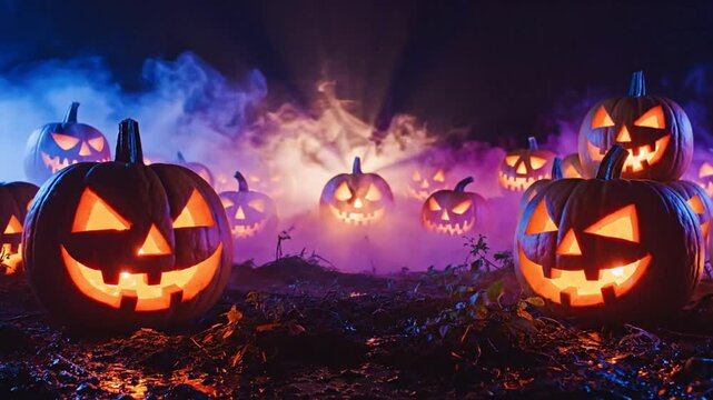 Spooky Halloween scene with glowing carved pumpkins illuminated in mystical atmosphere with fog at night