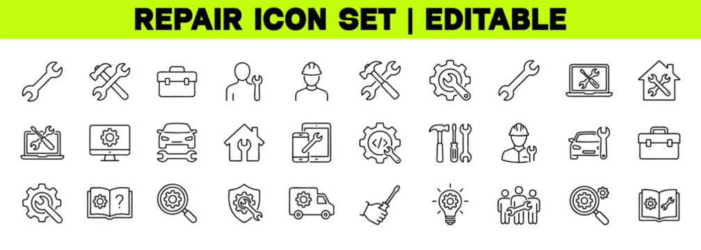 Repair and Maintenance Line Icon Set &ndash; Wrench, Tools, Engineer, Troubleshooting and Technical Service Editable Vector Icons