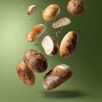 Schwebende Brotauswahl mit Br&ouml;tchen und Brotlaiben vor gr&uuml;nem Hintergrund. Kreative Food-Fotografie, frische Backwaren, B&auml;ckerei-Konzept mit Copyspace und Dynamik.