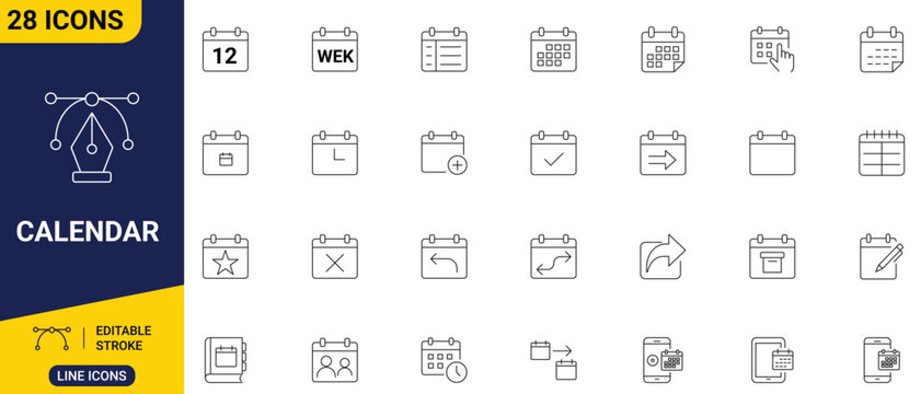 Calendar set icon collection of clean outline symbols representing date pages, desk planners, wall calendars, and appointment books.