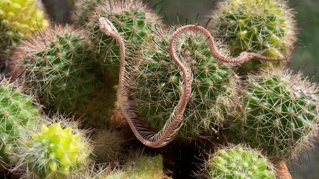 High angle view of a small snake skeleton trapped on a thorny Mammillaria cactus, showing the cruel concept of natural selection, death, and survival in the desert ecosystem.