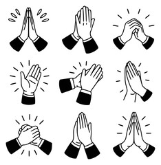 Fototapeta premium Set of hand gestures showing clapping, praying, and greeting in black and white line style