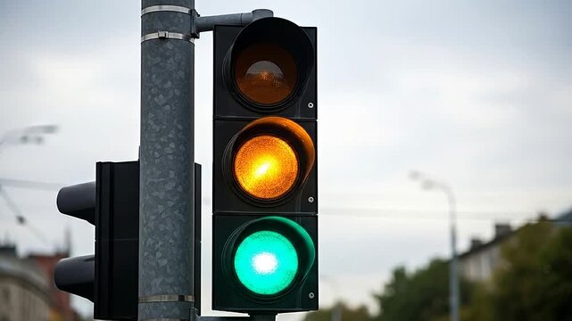 A close up view of a traffic signal showing all three illuminated colored lights