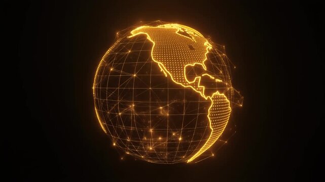 Glowing wireframe Earth with luminous network overlay, symbolizing global connectivity, communication systems, and futuristic digital exchange.