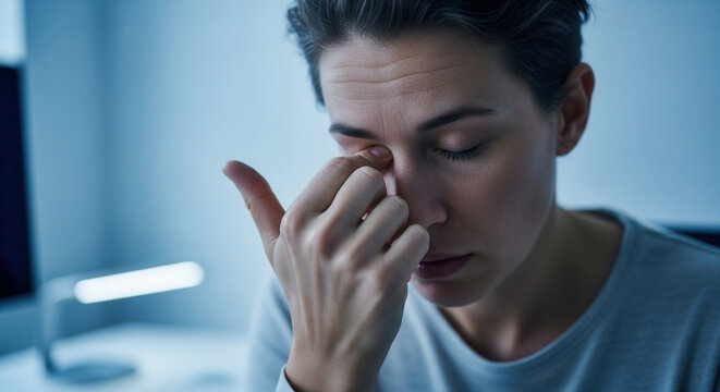 Woman Experiencing Eyestrain, Fatigue, And Working Overtime Late At Night