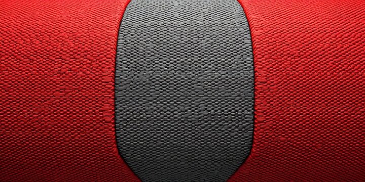 Close up of red woven textile with central dark textured oval shape material background interwoven contrast