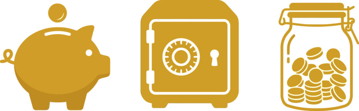 Golden financial icons illustrating secure savings, financial analysis, and strategic wealth building. Visual symbols for prudent money management, asset protection, and future financial growth