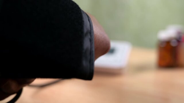 Patient wears black medical blood pressure cuff around arm inside home setting, measuring vital signs near refocused digital monitor device placed over wooden table surface beside brown glass.