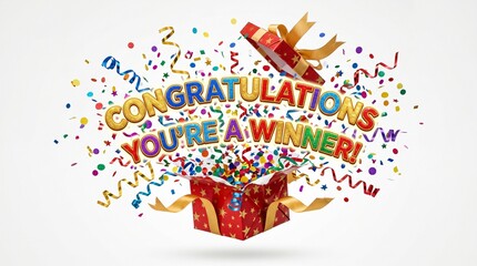 Fototapeta premium Winner Announcement card with present and colorful confetti made by AI generative
