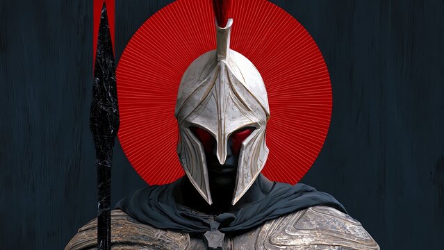 Ares Ancient Greek God of War Portrait Illustration. Spartan Warrior in Helmet with Red Glowing Eyes and Spear.