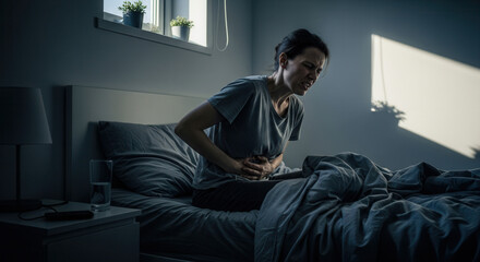 Fototapeta premium Woman Experiencing Stomach Pain in Bed, Suffering From Abdominal Discomfort