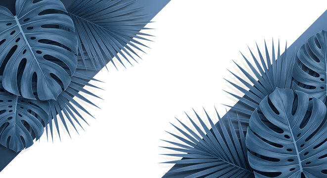Blue tropical leaf border on white background