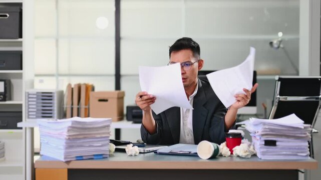 Professional businessman handling paperwork, phone calls and deadlines in a busy office environment, illustrating workload, stress and corporate challenges.