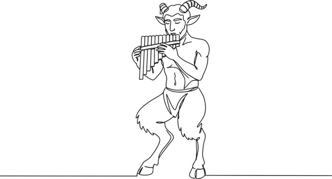 Mythical creature playing pan flute, a satyr with horns and goat legs.
