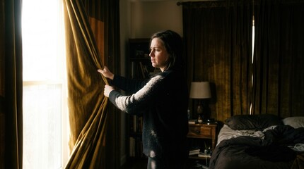 Fototapeta premium Woman Opening Curtains Letting Sunlight Into Her Bedroom, Golden Morning, Indoor Scene