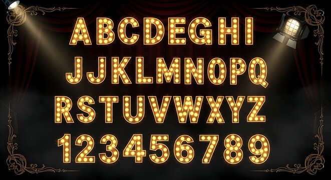 Glowing Vintage Marquee Alphabet and Number Set on Dark Theater Stage