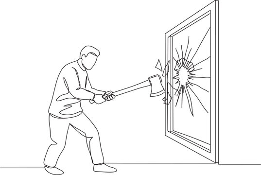 Man swinging axe breaking window, concept of destruction and violence.