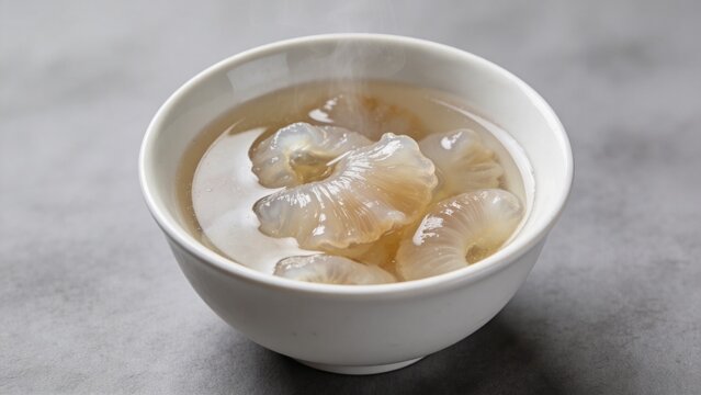 Gourmet fish maw soup served in white ceramic bowl, grey background.