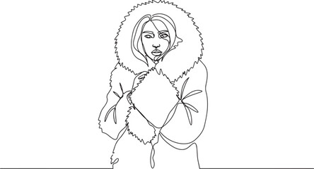 Fototapeta premium Woman in a fur-lined hood coat, looking cold and uncomfortable, front view.