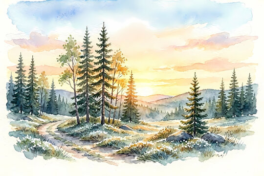 Beautiful background of a boreal forest, with the magic of a sunrise for a nice postal card with nice lighting. Ideal for postcards and illustrations or even wallpapers