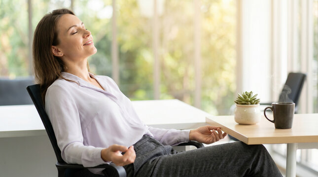 Peaceful businesswoman leaning back in office chair with closed eyes meditating and relaxing at desk, concept of mental health stress management mindfulness and work life balance