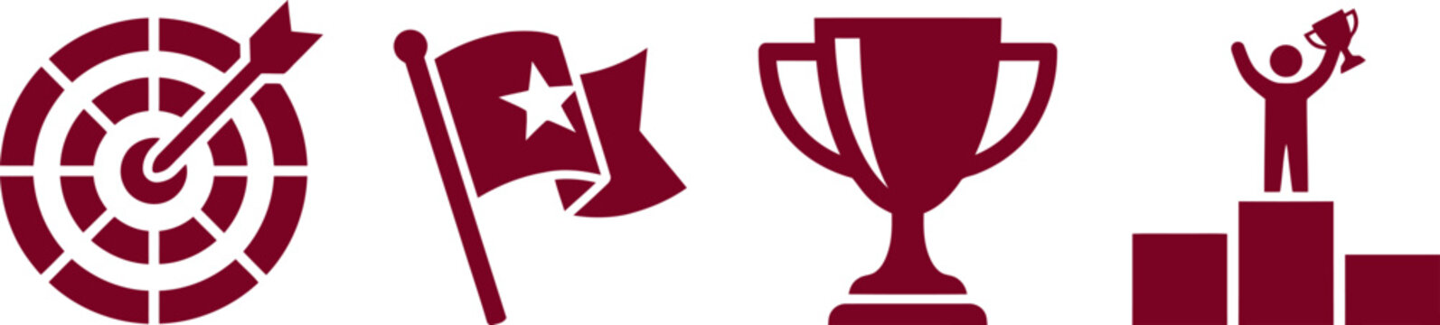 A collection of four maroon business achievement icons representing goals, success, and rewards on a white background, perfect for presentations