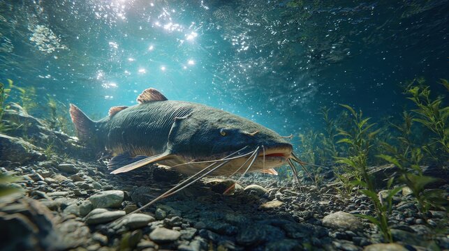 Underwater portrait of a large catfish (Silurus glanis) gliding over a rocky riverbed