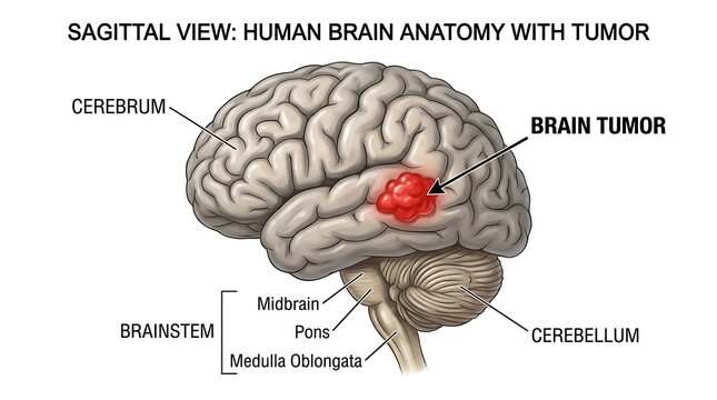 Sagittal view of human brain anatomy with tumor highlighted in red