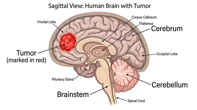 Sagittal view of human brain with tumor marked in red, sagittal