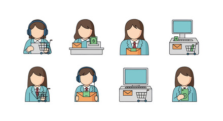 Fototapeta premium Set of professional healthcare and medical worker icons including nurses, doctors, receptionist, computer, and pharmacy staff for health industry branding