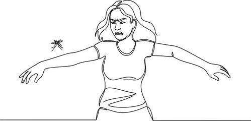 Fototapeta premium Woman swatting at a mosquito with arms outstretched, looking annoyed and frustrated.
