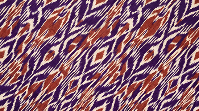 Traditional ikat textile pattern with purple and brown motifs