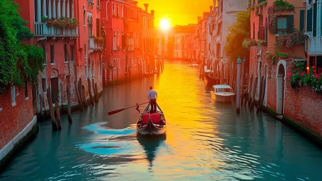 Cinematic view of traditional gondola floating down scenic canal inspired by beautiful Mediterranean city at sunset, perfect for luxury travel documentary and romantic video asset.