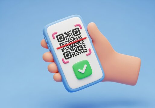 3D Illustration of a Hand Holding a Smartphone Scanning a QR Code for Digital Payment and Verification