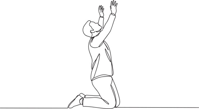 Person Kneeling in Prayer with Hands Raised Upward in Worship.