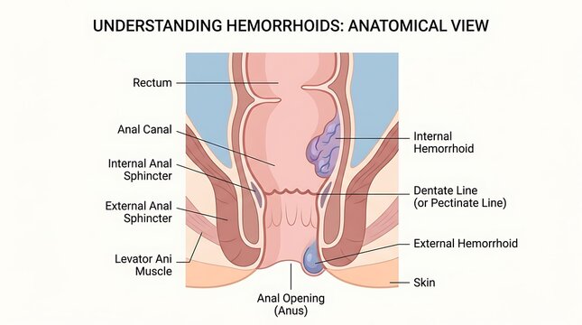 Anatomical view of hemorrhoids in the human digestive system