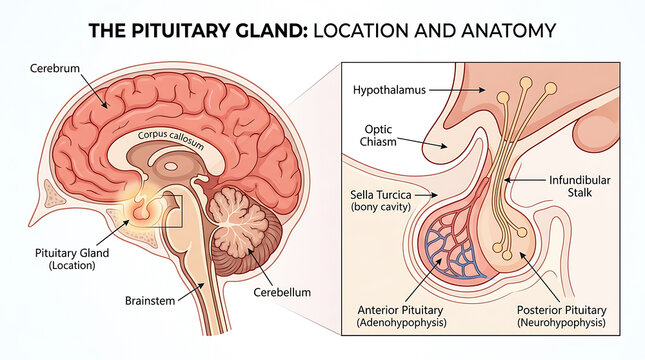 The pituitary gland location and anatomy diagram with brain anatomy