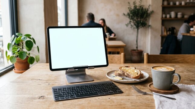 Blank tablet and laptop screen with coffe and pastry on cafe table - remote work and mockup template made by AI generative