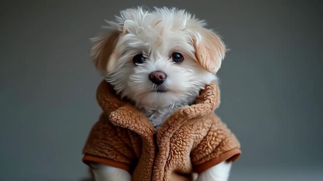 Close-up of a cute maltipoo or maltese puppy wearing a cozy brown teddy coat, blinking and twitching its ears. Stylized 3D render animation portrait of a lovely domestic pet for lifestyle.