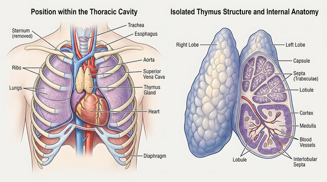 Anatomical diagram of the thoracic cavity and isolated thymus