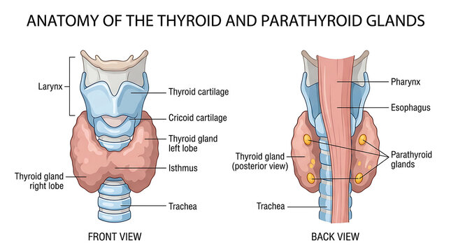 Anatomy of the thyroid and parathyroid glands with labeled parts