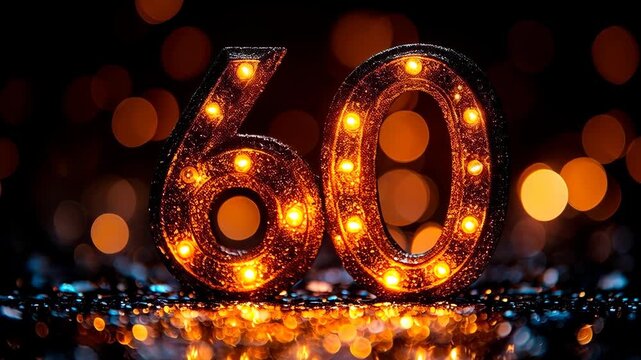 Cinematic close-up of light bulbs lighting up inside a golden marquee number 60 on a sparkling glitter surface. Festive 3D render background for 60th anniversary and birthday celebration video.